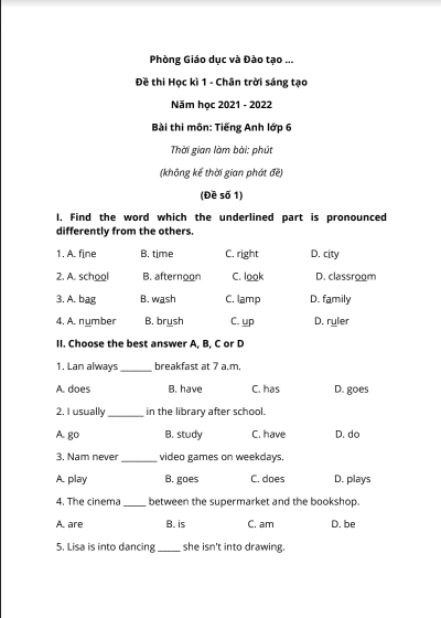 Bộ 10 đề thi học kì 1 Tiếng Anh lớp 6